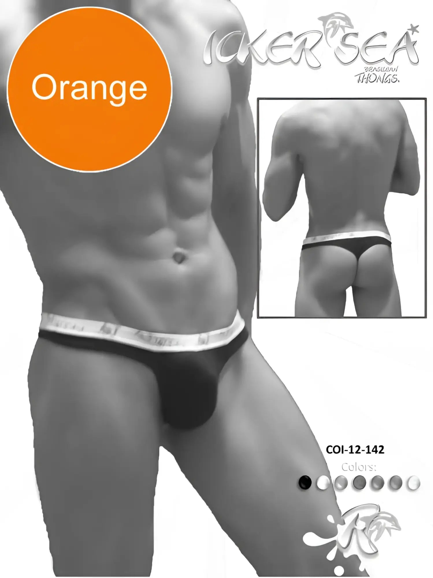 Icker Sea Brazilian thong underwear in orange with a white elastic waistband featuring the brand name