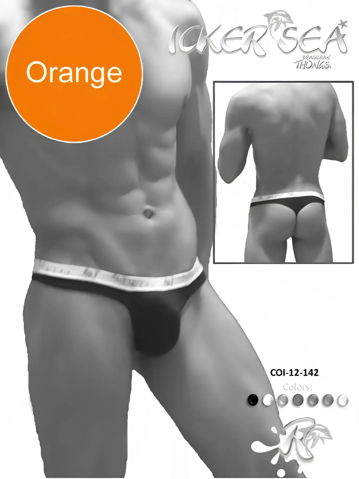 Icker Sea Brazilian thong underwear in orange with a white elastic waistband featuring the brand name
