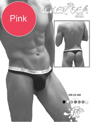 Pink icker sea brazilian thong underwear with white elastic waistband and black brand name lettering