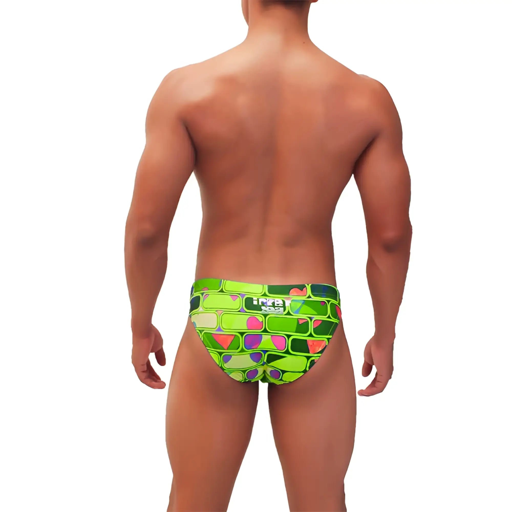 Vibrant lime green icker sea bricks bikini swimwear trunks with bold geometric pink purple and teal accents