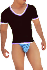 Icker Sea Contrast Trim V Neck Short Sleeved T Shirt Black/Purple CA-16-32