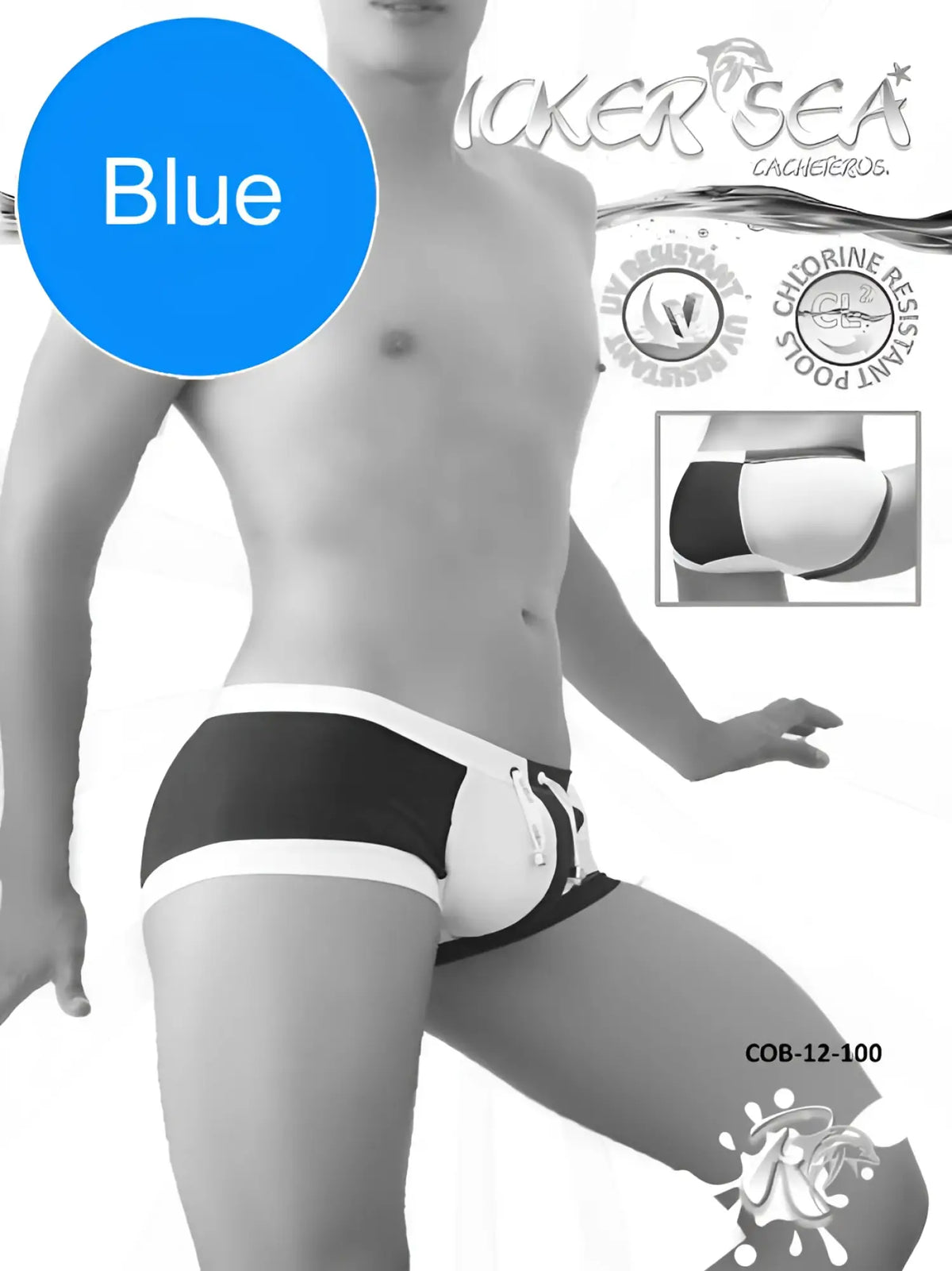 Icker Sea Chess Duotone square cut trunk swimwear in blue white with black side panels and drawstring waistband