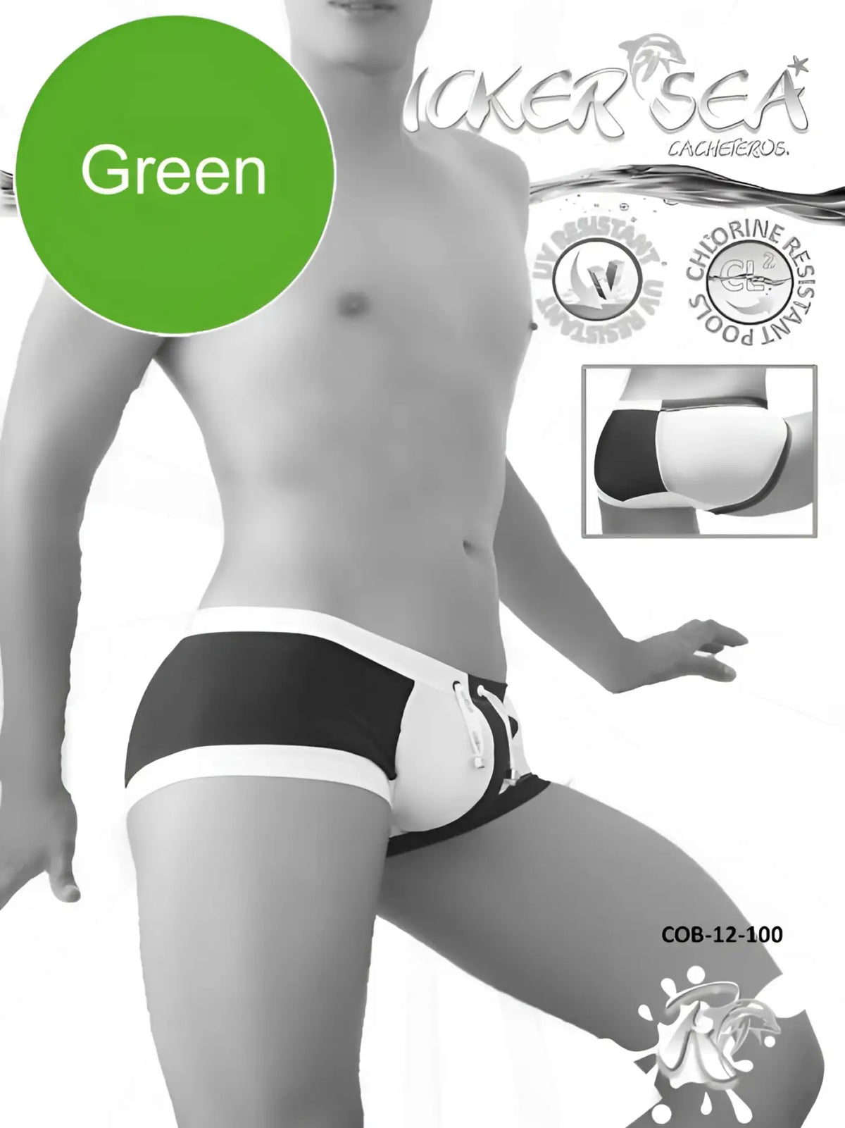Black and white and green icker sea chess duotone square cut trunk swimwear with modern design for beach use