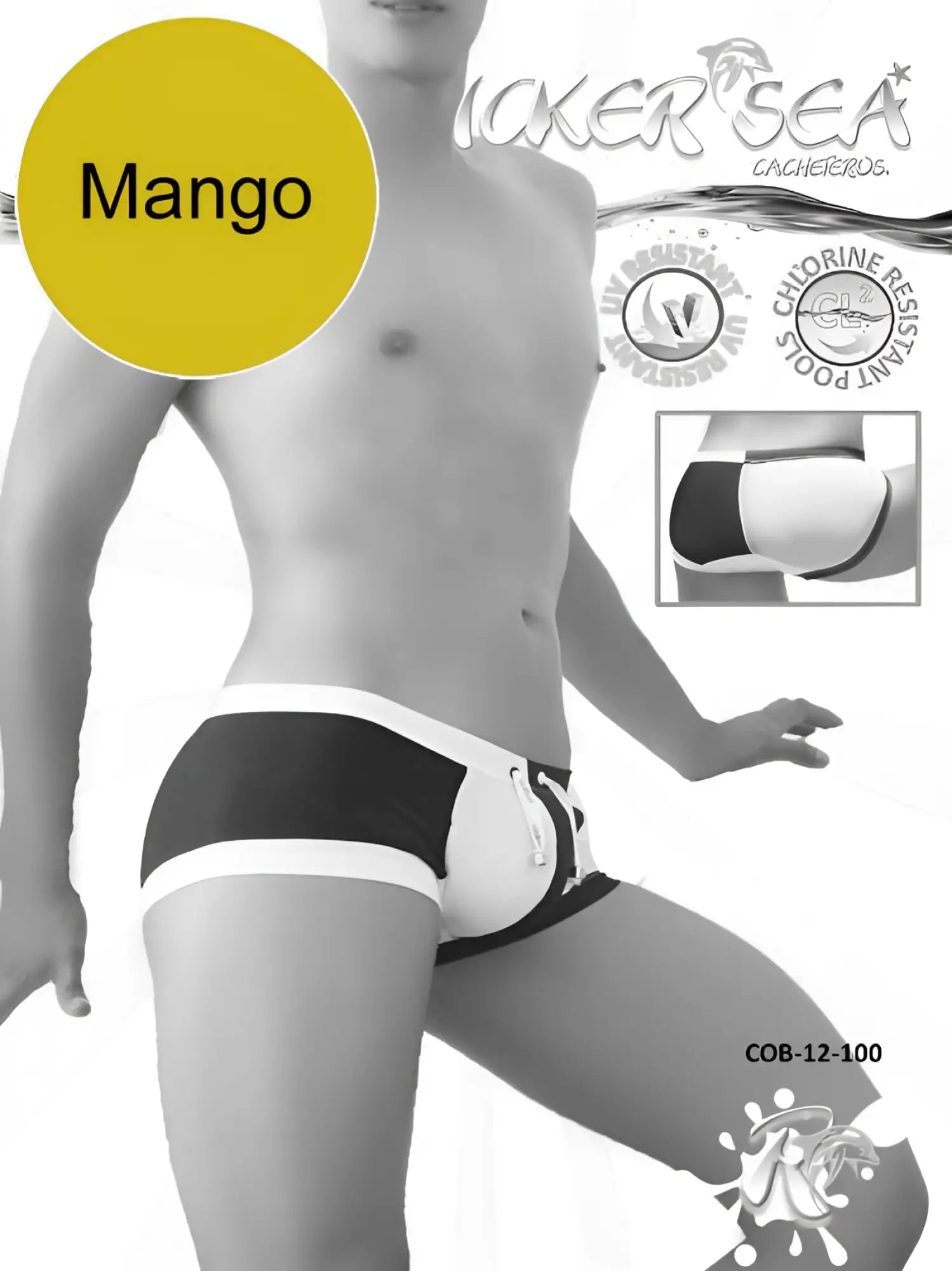 Black and white Icker Sea chess duotone square cut swim trunks with contrasting stripe and mango brand logo