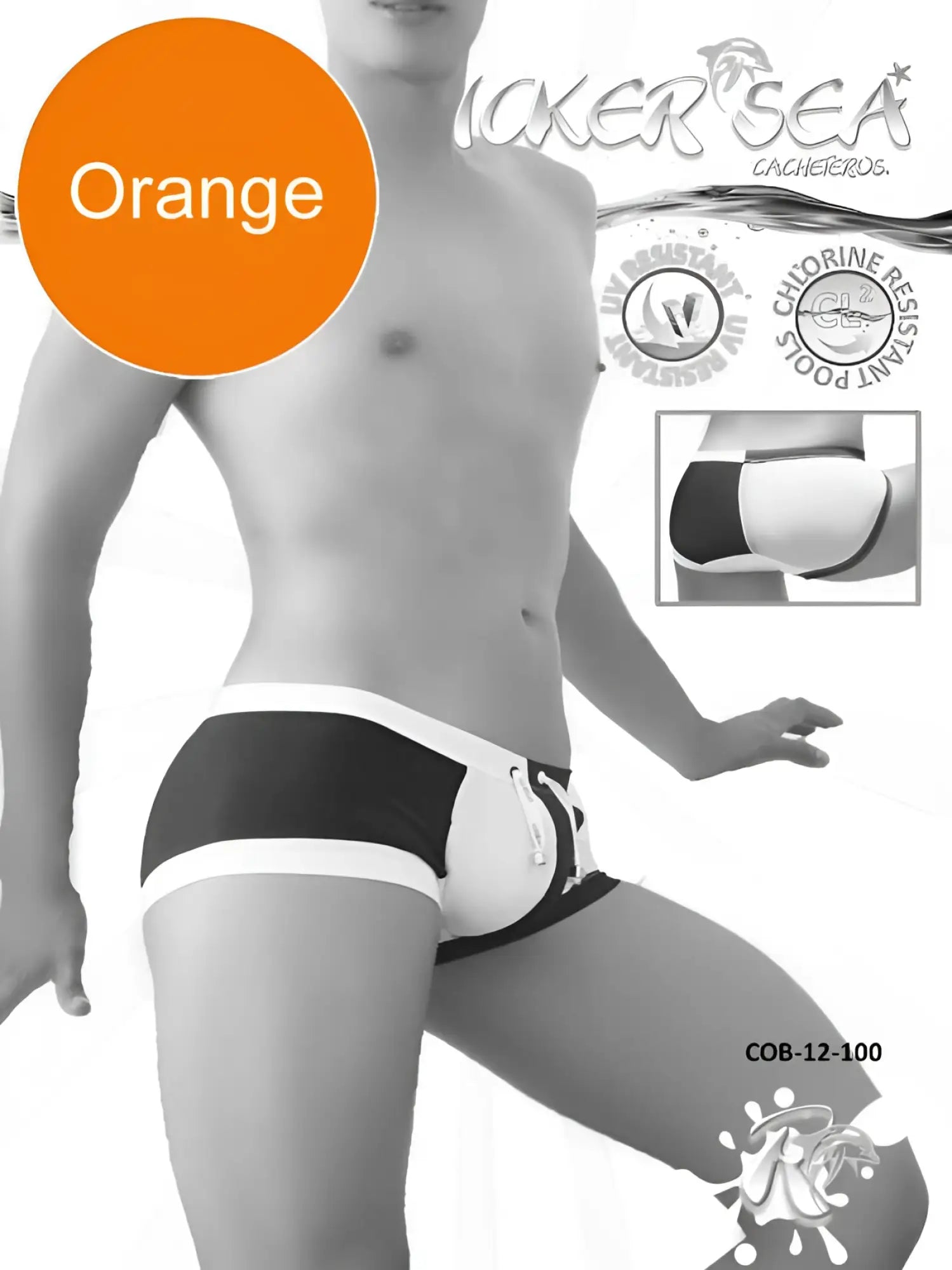 Icker Sea chess duotone square cut swim trunks with black and white stripes and an orange accent label