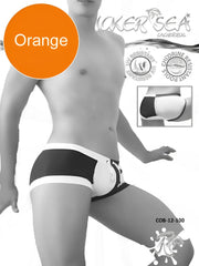 Icker Sea chess duotone square cut swim trunks with black and white stripes and an orange accent label