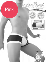 Black and white swim trunks with pink accent label from icker sea chess duotone square cut trunk swimwear collection