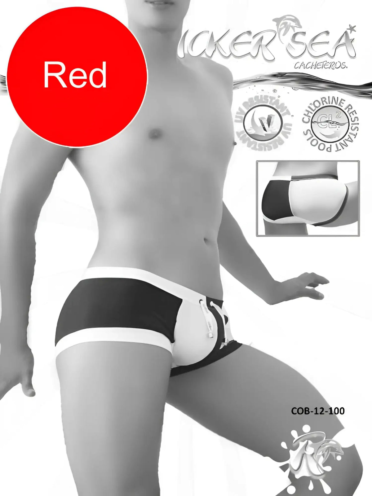 Icker Sea Chess duotone square cut swim trunks in red and black with white trim for men’s swimwear COB-12-100