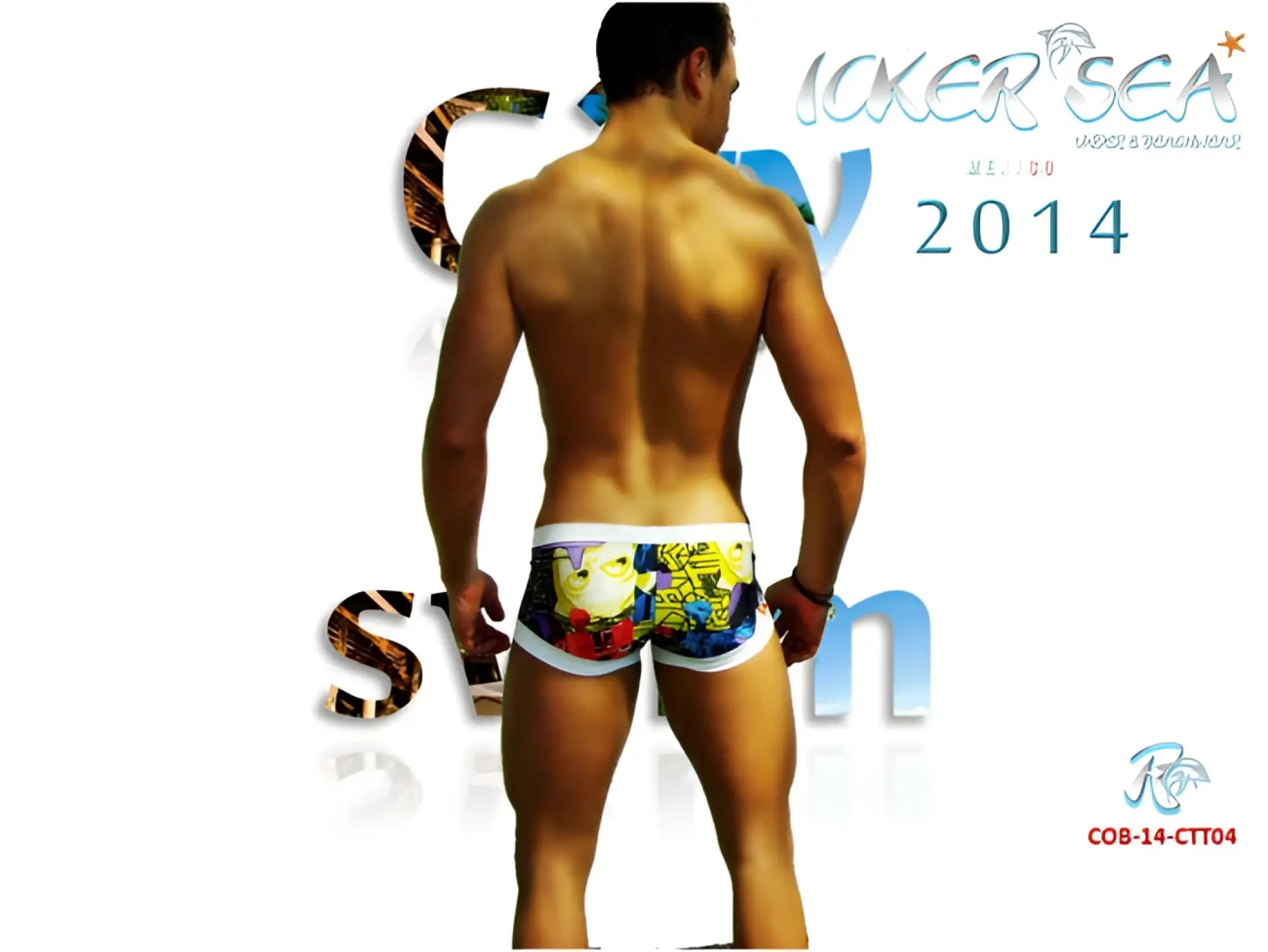 Icker Sea City low square cut trunk swimwear featuring colorful comic-book-style swim trunks with a white waistband