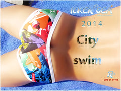Colorful graphic-print bikini bottom with white trim from icker sea city mini swimwear for beachwear