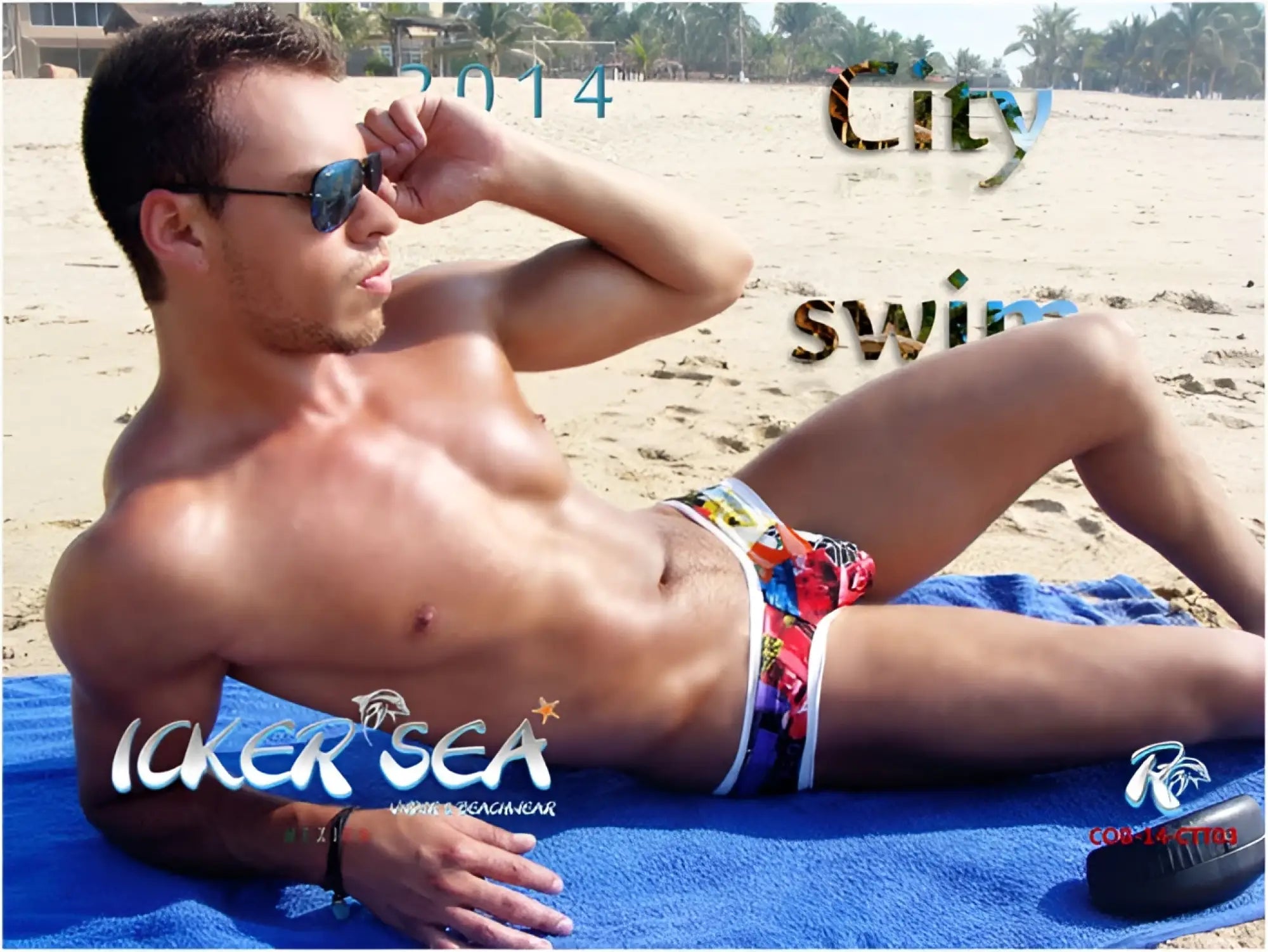Colorful patterned swim trunks with white trim from Icker Sea city mini bikini swimwear collection for beachwear