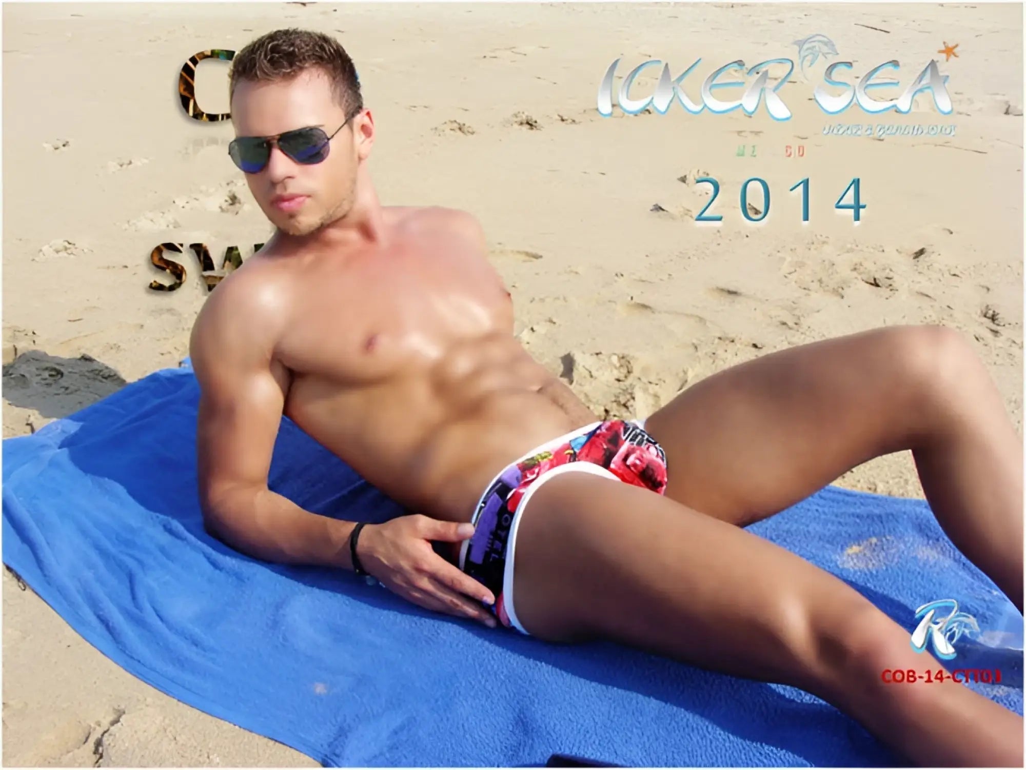 Colorful patterned swim trunks with white trim from icker sea city mini bikini swimwear cob-14-ctt03