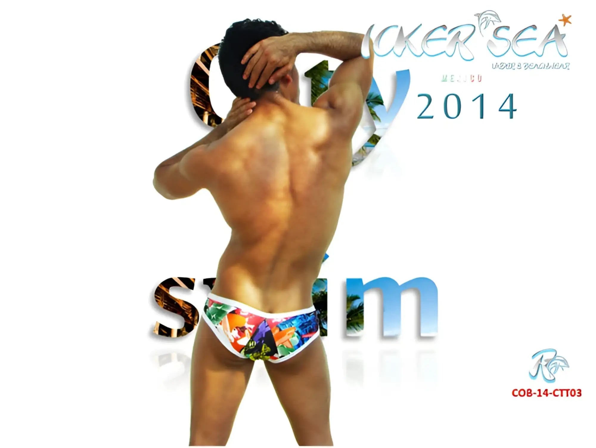 Colorful tropical print swim trunks with white trim from icker sea city mini bikini swimwear cob-14-ctt03