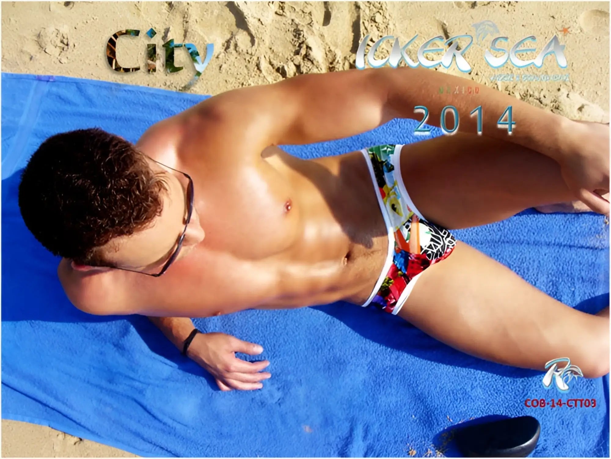 Men’s colorful patterned swim trunks with white trim from Icker Sea City Mini Bikini swimwear COB-14-CTT03
