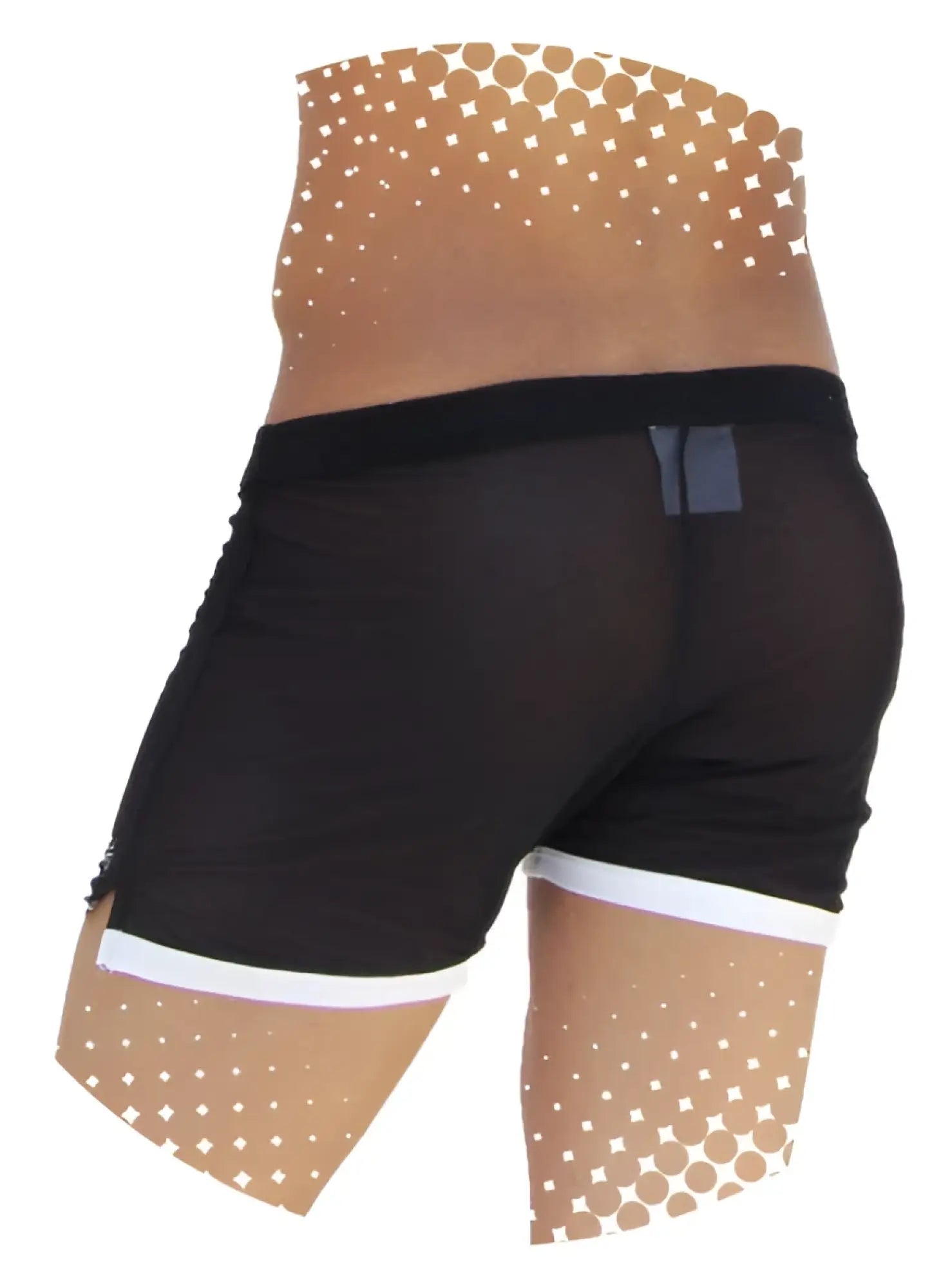 Icker Sea clarity mesh side slit shorts in black feature white trim and a dotted pattern on the legs