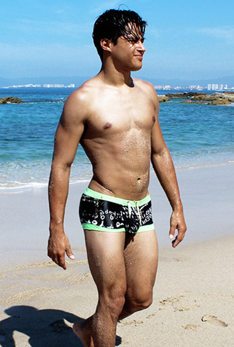 Icker Sea Letters Square Cut Trunk Swimwear Black/Green COB-15-15