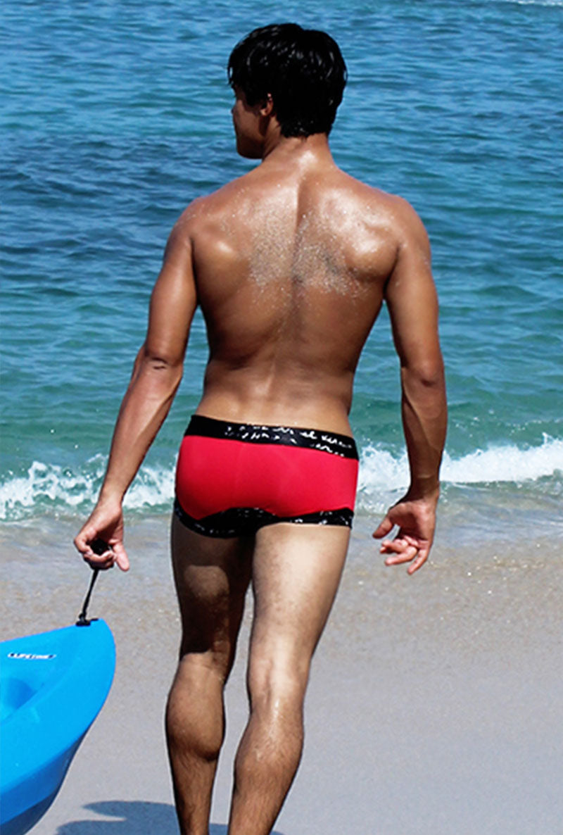 Icker Sea Lace Up Contrast Square Cut Trunk Swimwear Red/Black COB-15-17