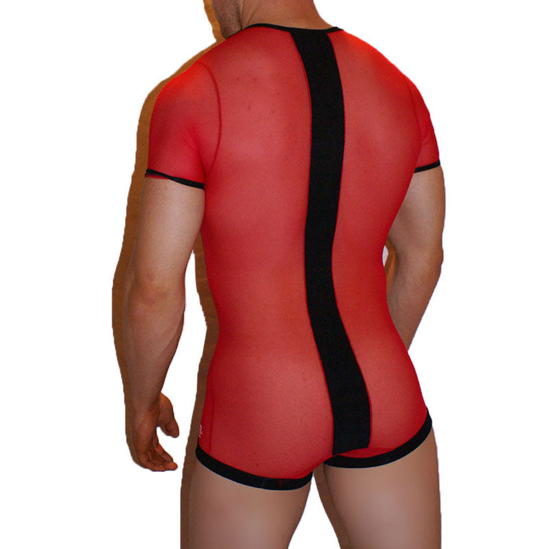 Icker Sea Lace Up Front Mesh Bodysuit Red COI-12-129R