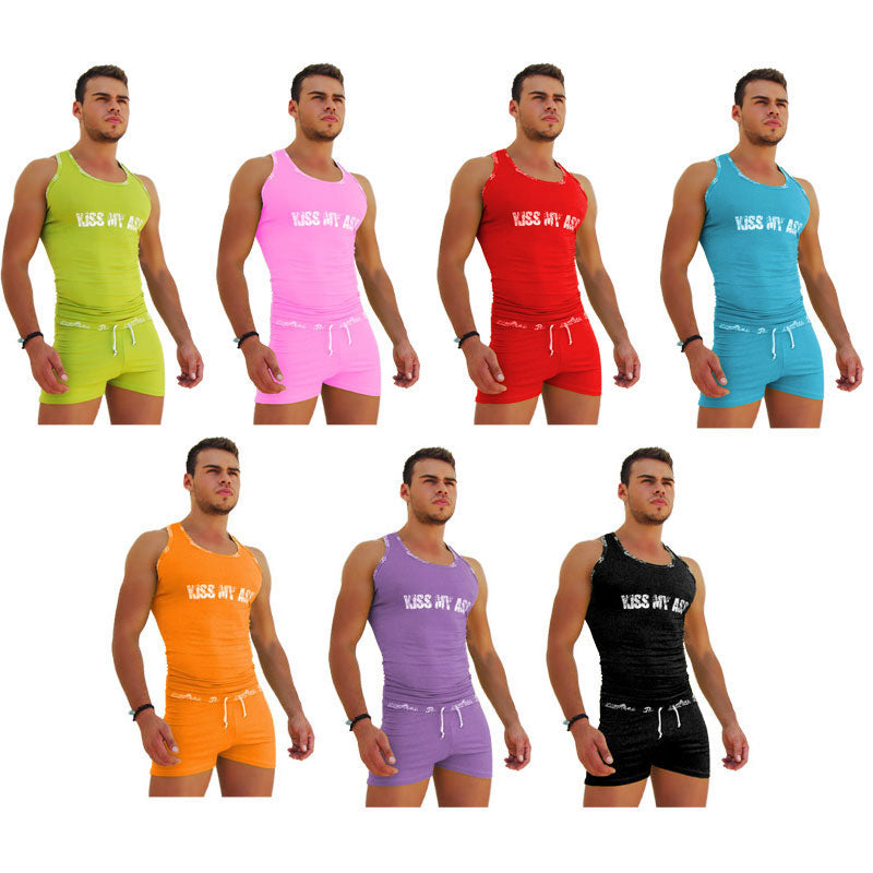 Icker Sea [7 pack] Logo Trim Kiss My Ass Tank Top & Side Slit Long Boxer Set Assorted Colours COI-14-COLORS-10-ALL