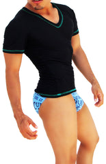 Icker Sea Contrast Stitching V Neck Short Sleeved T Shirt Black/Turquoise COI-S-14-BC-2