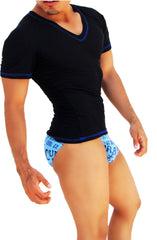 Icker Sea Contrast Stitching V Neck Short Sleeved T Shirt Black/Blue COI-S-14-BC-3