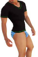 Icker Sea Contrast Stitching V Neck Short Sleeved T Shirt Black/Green COI-S-14-BC-9