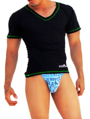 Icker Sea Contrast Stitching V Neck Short Sleeved T Shirt Black/Green COI-S-14-BC-9