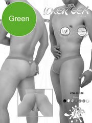Green icker sea contrast line thong swimwear with subtle logo on waistband designed for men’s swim trunks use