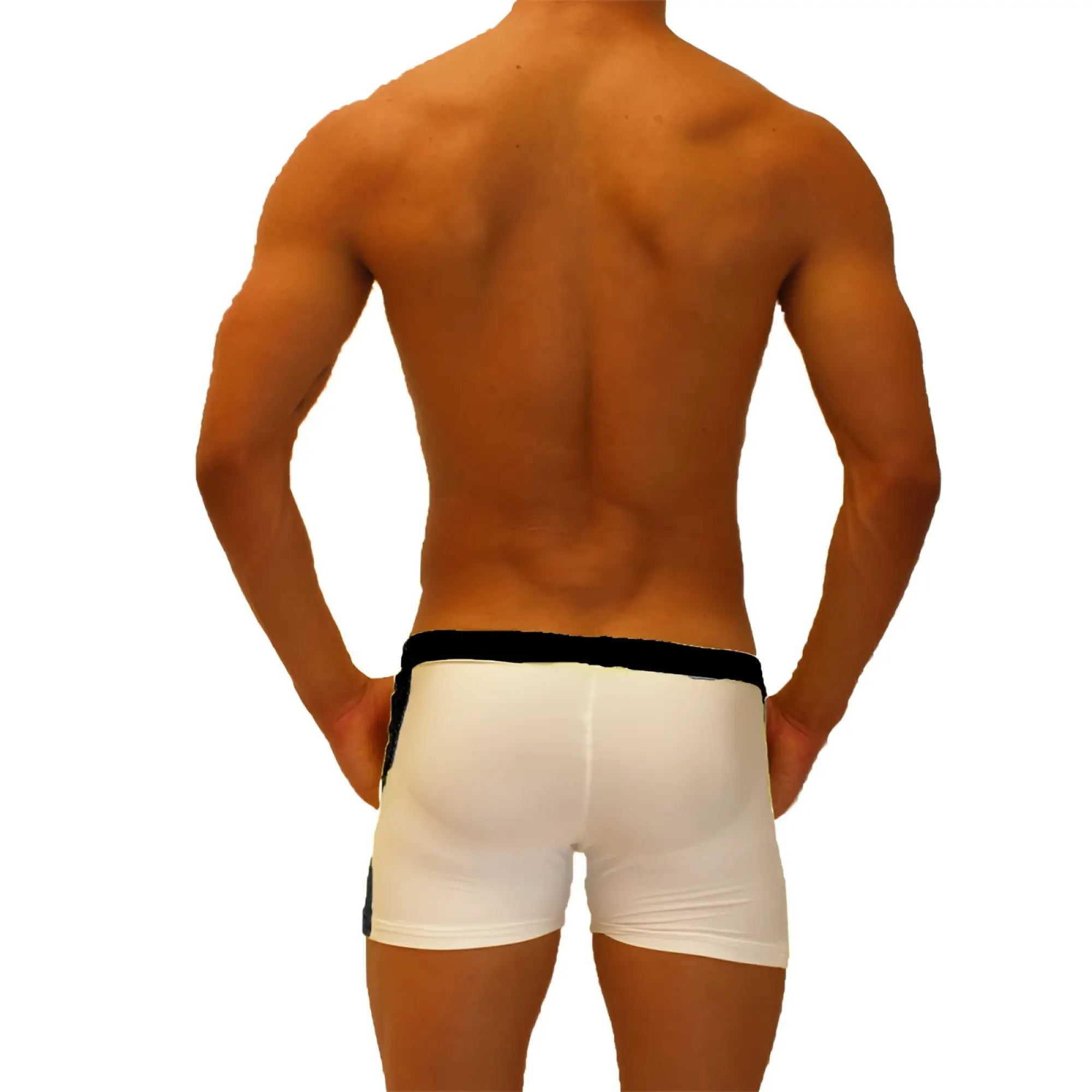 White athletic jock shorts with black contrast side panel and waistband from icker sea for sporty comfort
