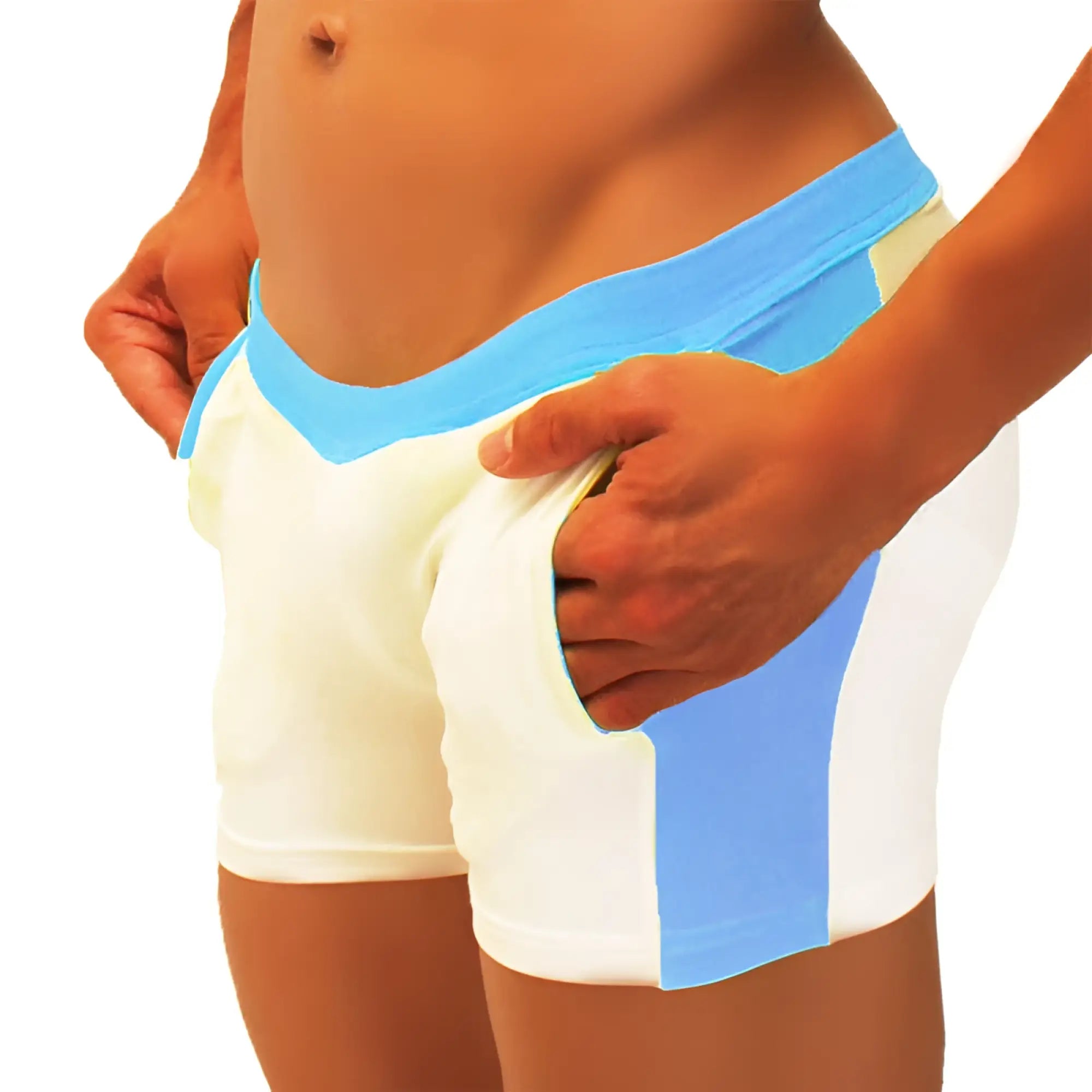 White and light blue Icker Sea contrast side panel jock shorts with a contrasting stripe ideal for athletic use