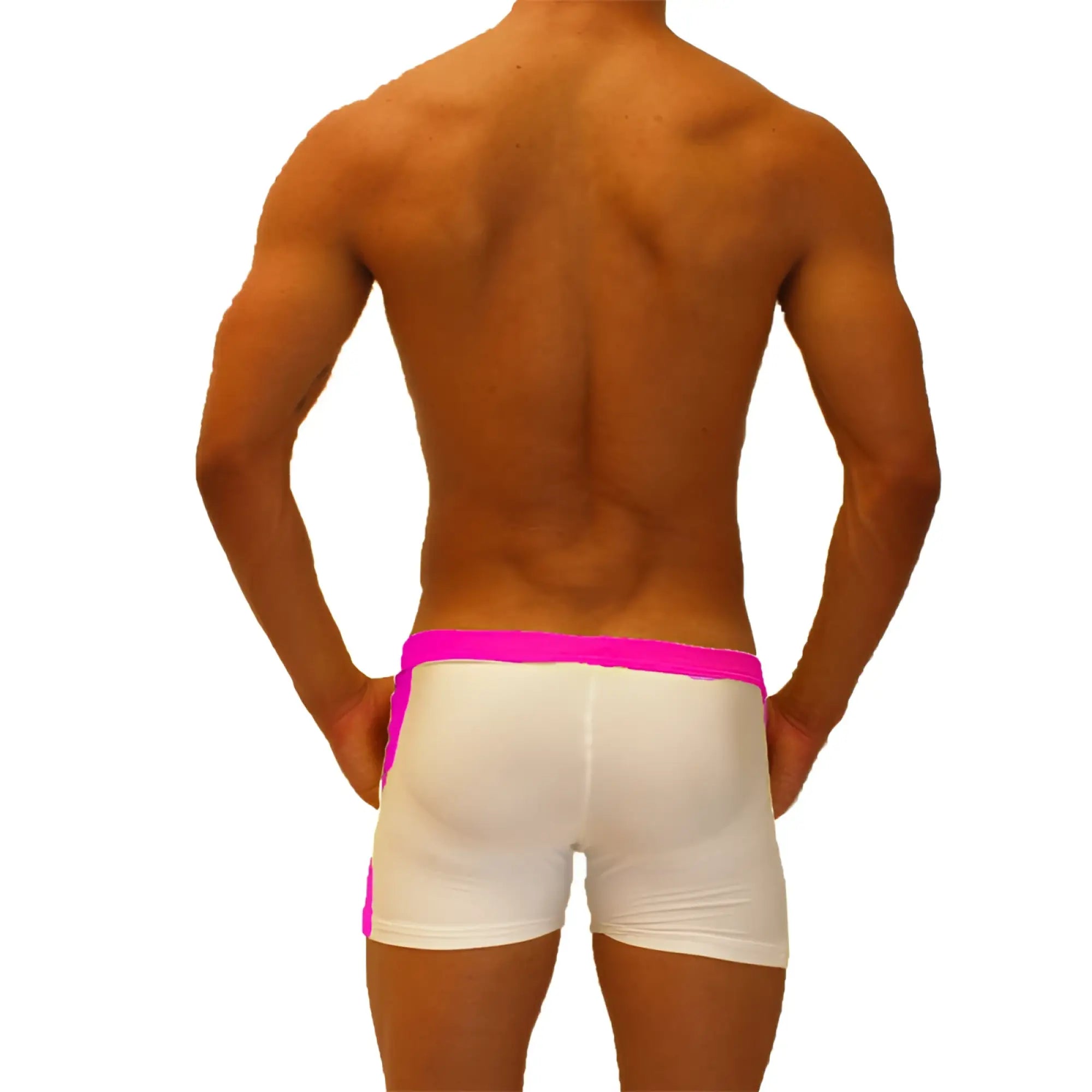 Icker Sea contrast side panel jock shorts in white athletic fabric with vibrant fuchsia waistband and side panels
