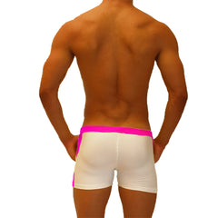 Icker Sea contrast side panel jock shorts in white athletic fabric with vibrant fuchsia waistband and side panels
