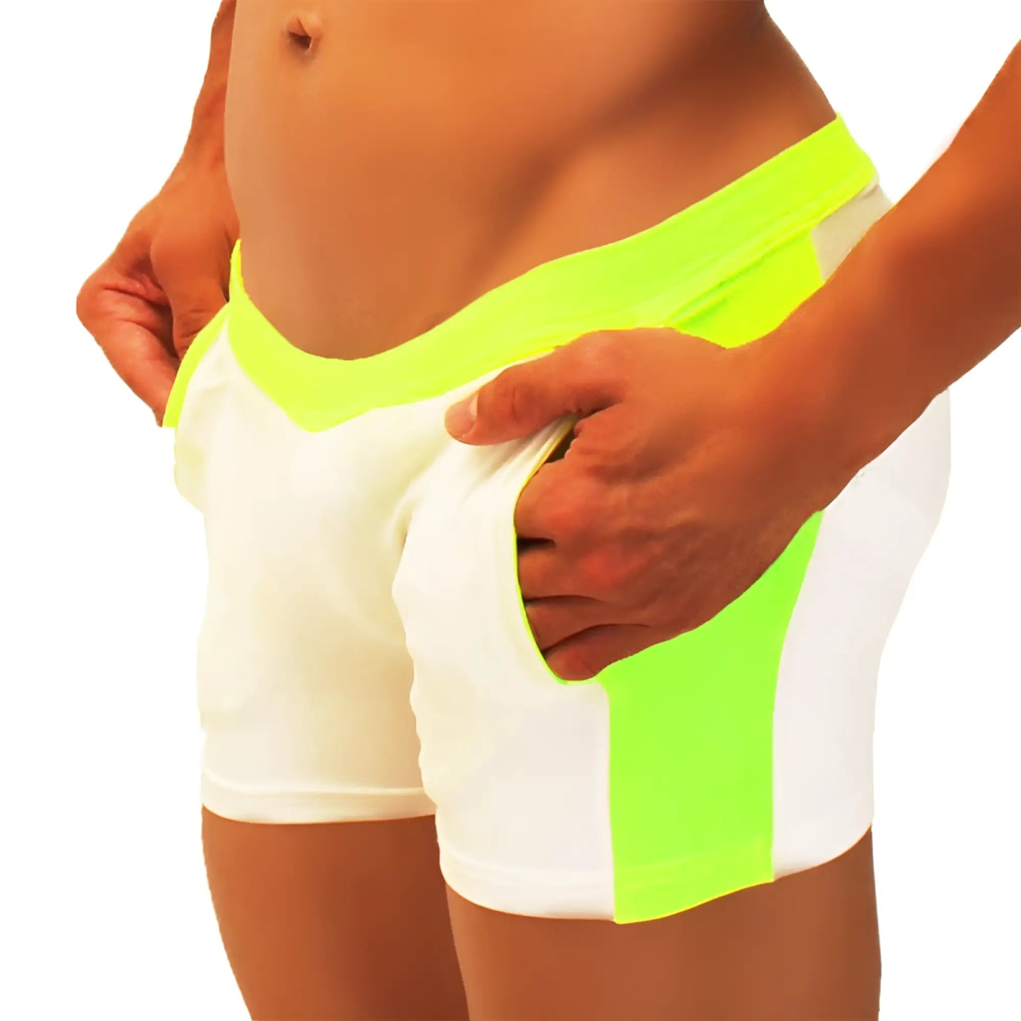 Icker Sea contrast side panel jock shorts in bright neon green and white with bold color block design for athletic use