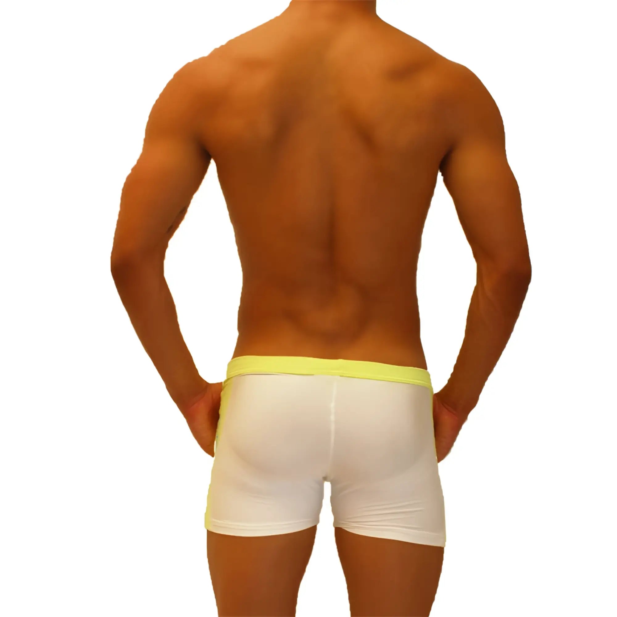 White boxer briefs with a bright yellow waistband from icker sea contrast side panel jock shorts mango shr-19-01