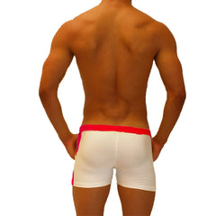 White athletic jock shorts with bright pink waistband and side panels from icker sea contrast side panel collection