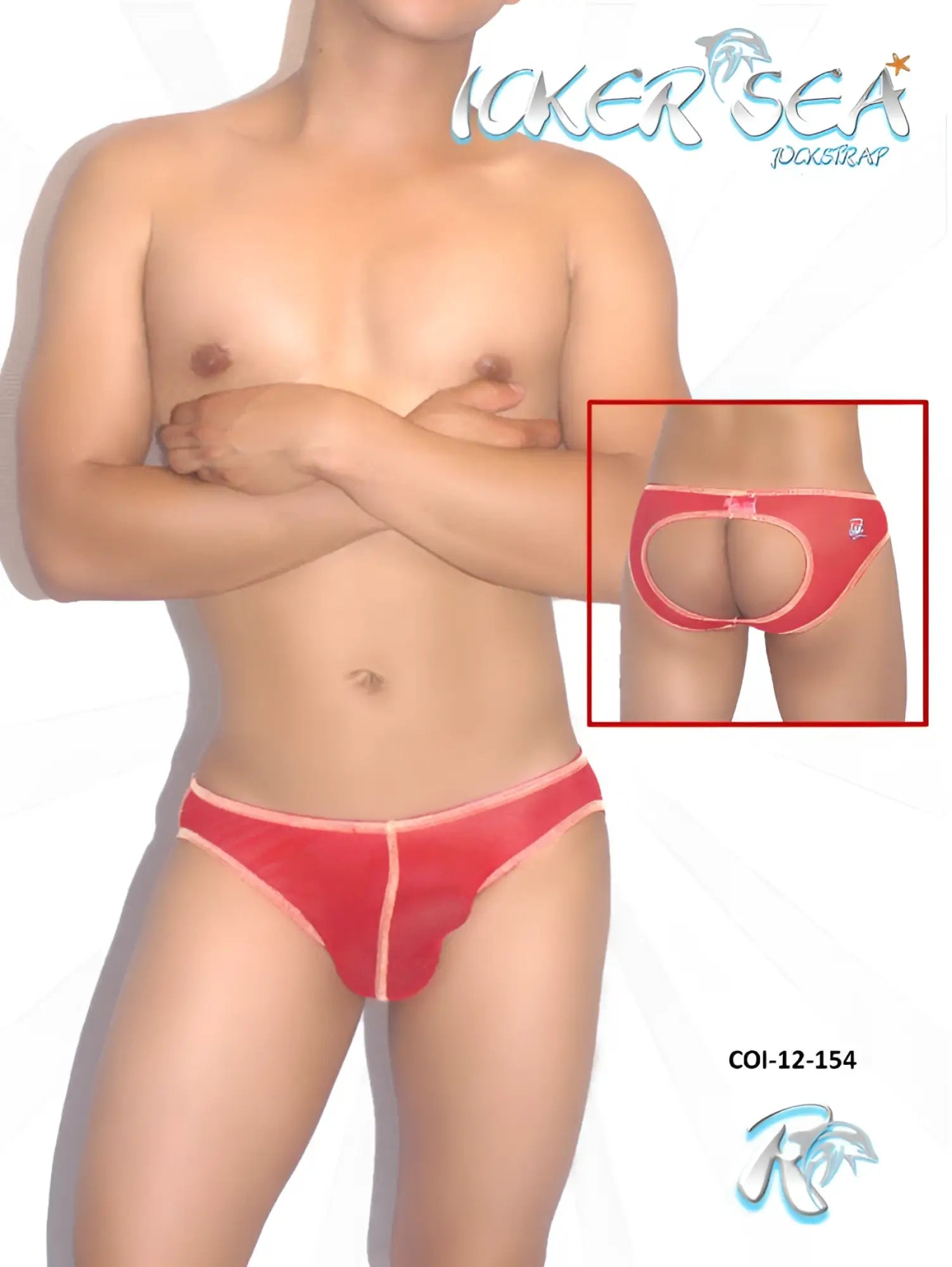 Red icker sea mesh jock brief with contrast pink stitching and distinctive cutout design for men