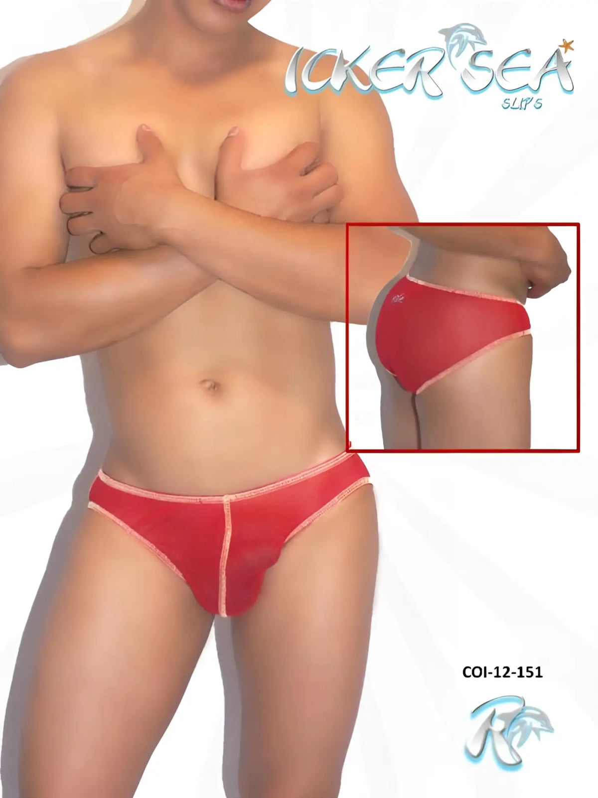 Red sheer mesh bikini briefs with pink trim and small logo on the side from icker sea contrast stitching slip line