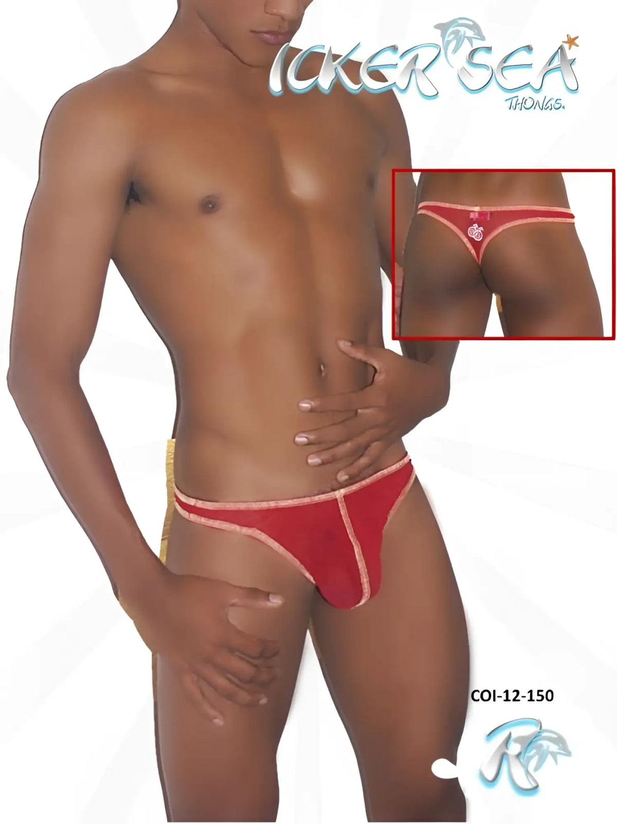 Red mesh thong underwear with pink trim and heart embellishment at back by icker sea contrast stitching COI-12-150T