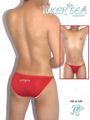 Back view of red laker sea micro slip swim trunks with subtle white logo from icker sea contrast stitching bikini underwear