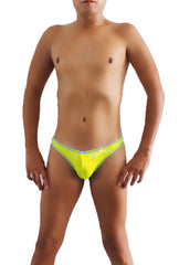 Bright neon yellow thong underwear with light green trim and crazy brand embroidery in mango blue pouch style