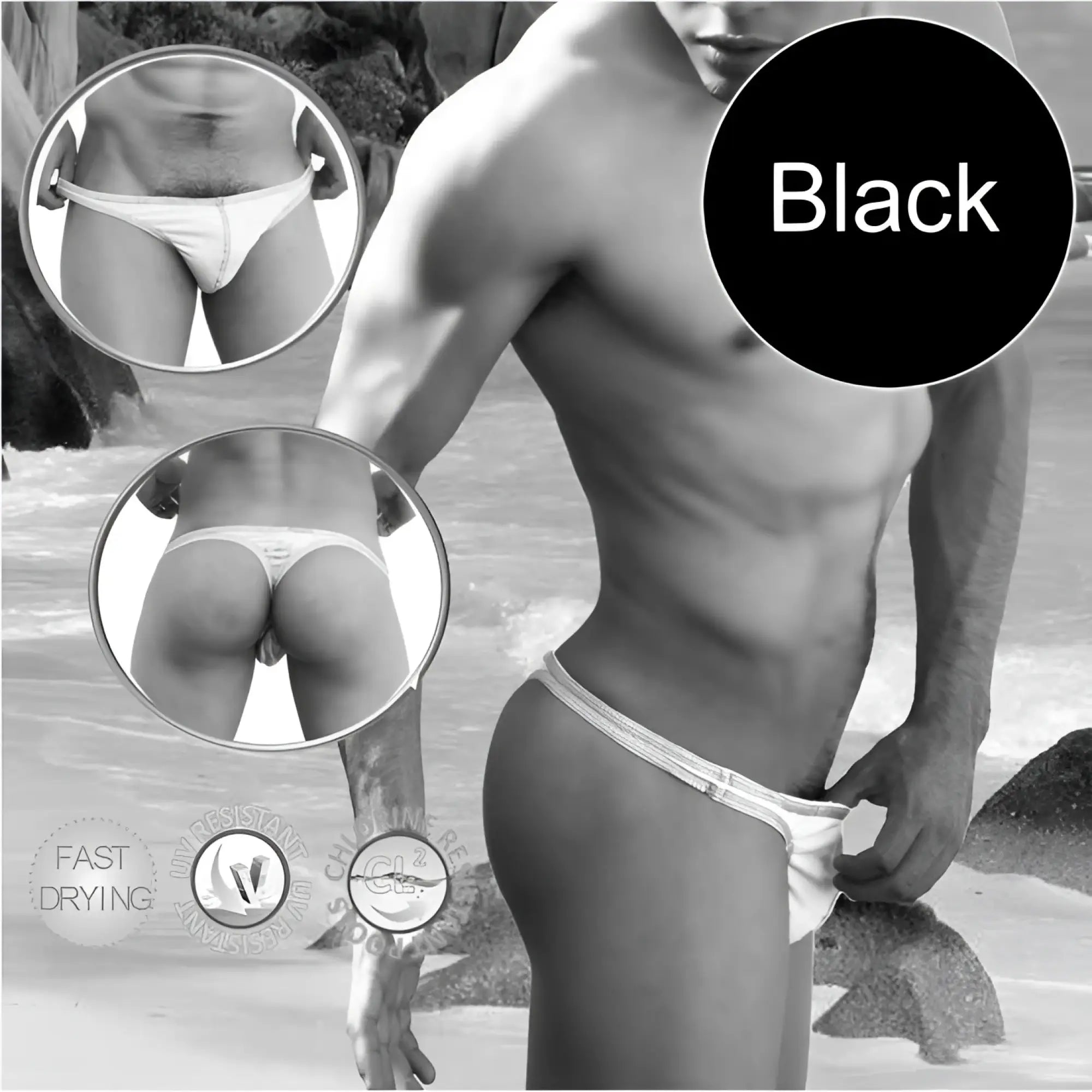 Black tanga thong swimwear by icker sea with white contrast stitching and textured waistband shown from the back