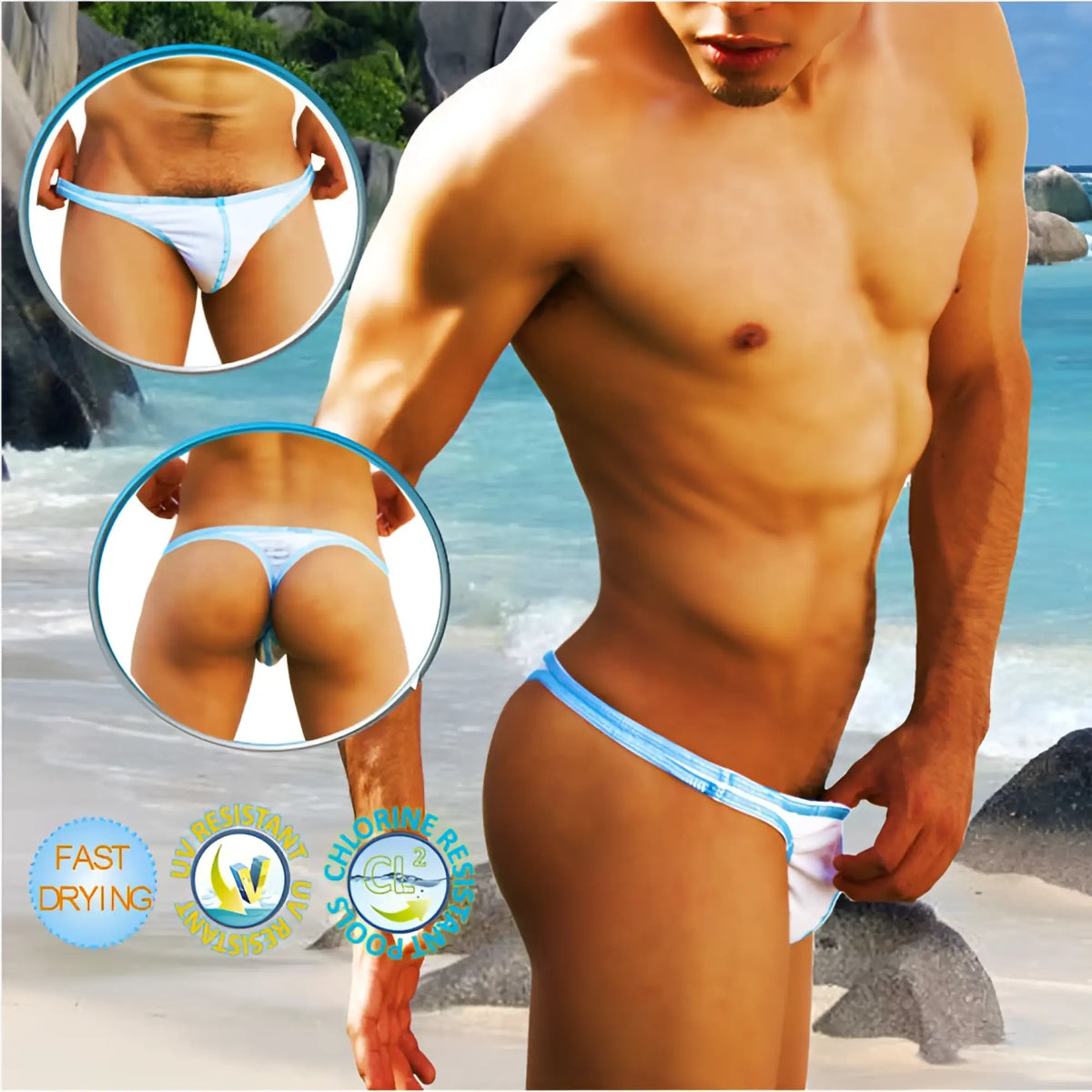 Light blue and white icker sea contrast stitching tanga thong swimwear with snug fit design for swimming