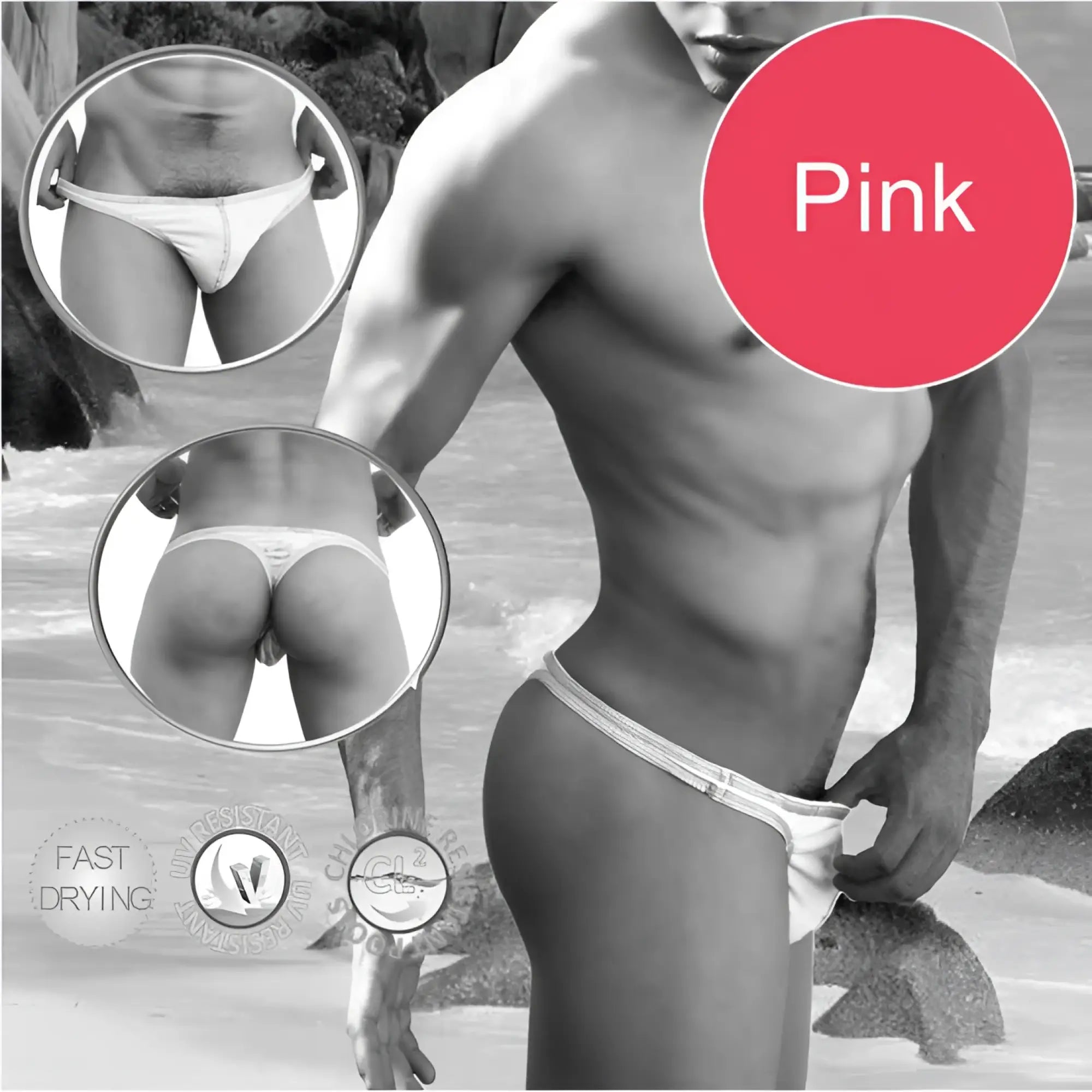 Pink men’s swim trunks with a white textured waistband featuring contrast stitching tanga thong design