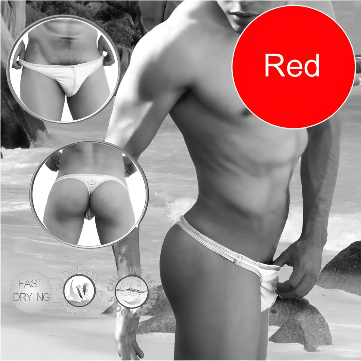 Icker Sea contrast stitching tanga thong swimwear in red with white trim for men made of lightweight fabric