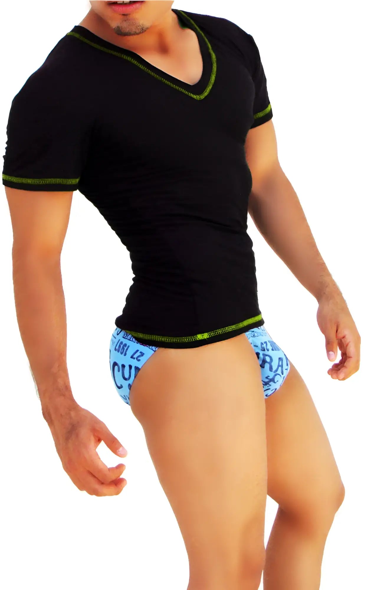 Icker Sea black v neck short sleeved t shirt with neon green contrast stitching for casual wear