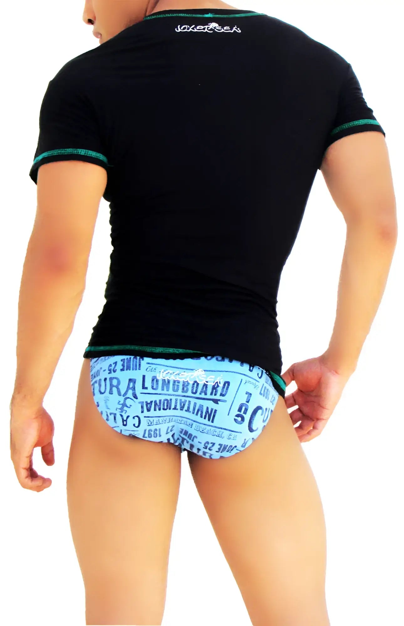 Black short sleeved v neck t shirt with turquoise contrast stitching and saketree logo at neckline