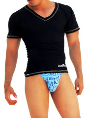 Black v neck short sleeve shirt with gray trim and subtle textured fabric by Icker Sea for casual wear