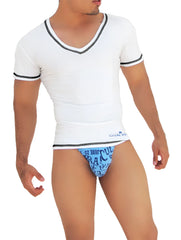 White v-neck short-sleeved shirt with black contrast stitching and subtle icker sea logo on waistband