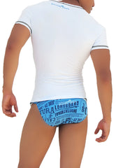 Image of the back side of a white Icker Sea short-sleeved v neck t shirt with gray trim and blue text graphics