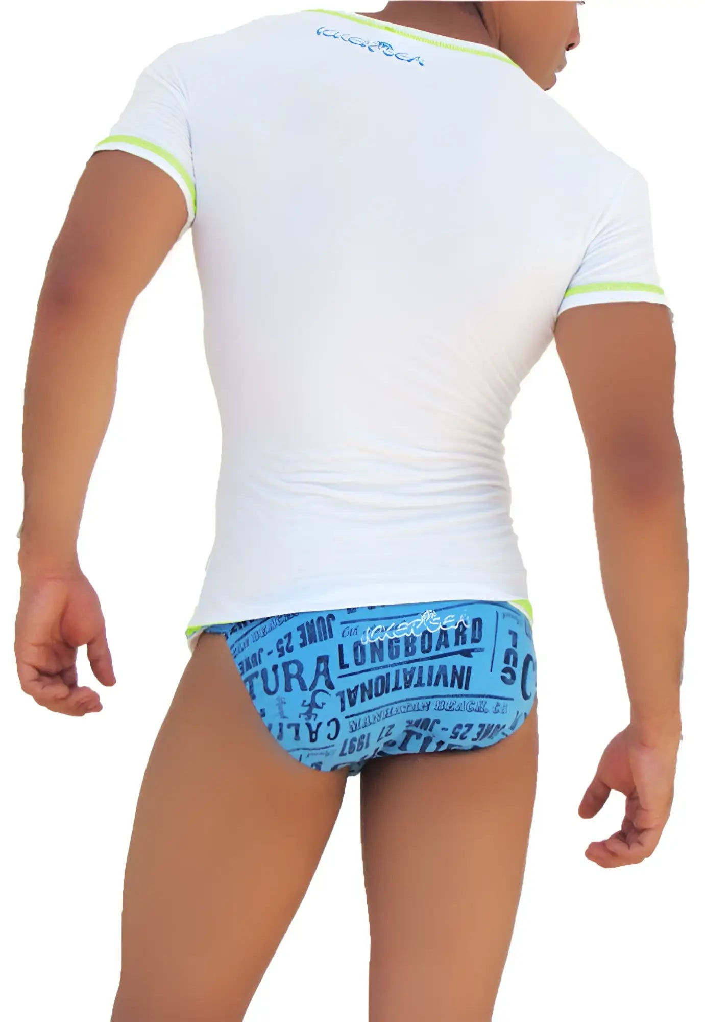 Back view of icker sea white v neck short sleeved shirt with neon green contrast stitching and graphic print